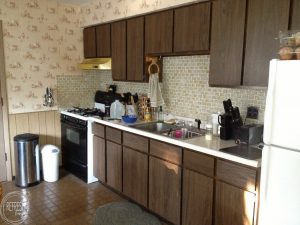 1970 kitchen with laminate cabinets that were replaced with new wood doors