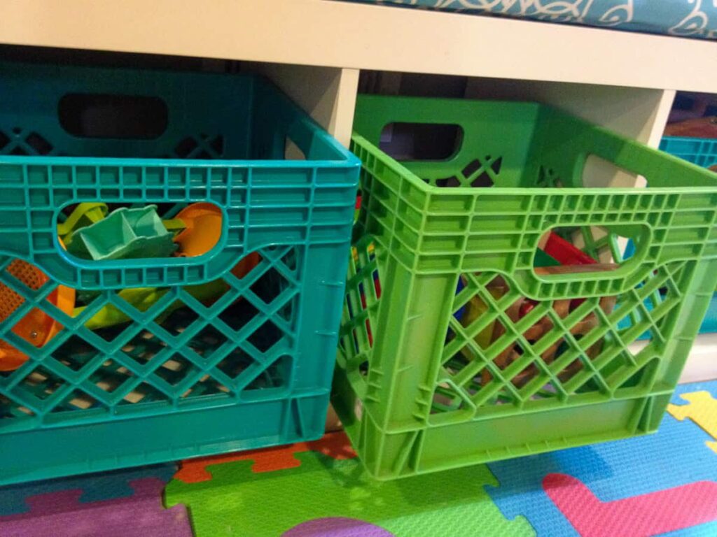 use a kallax shelf as a diy storage bench for playroom
