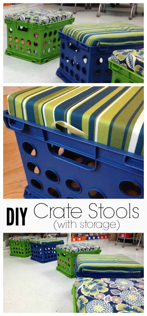 how to make stools for the classroom using plastic crates, foam, and plywood. Great for storage as well