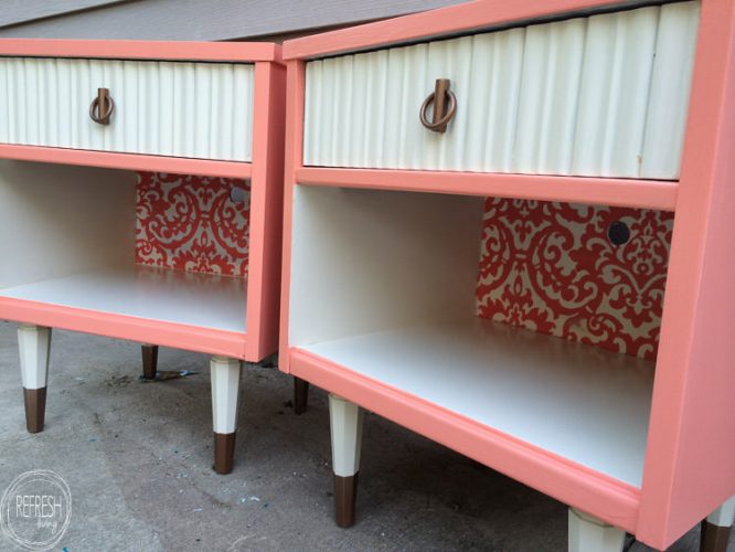 Vintage nightstands get a pop of color with pink and fabric
