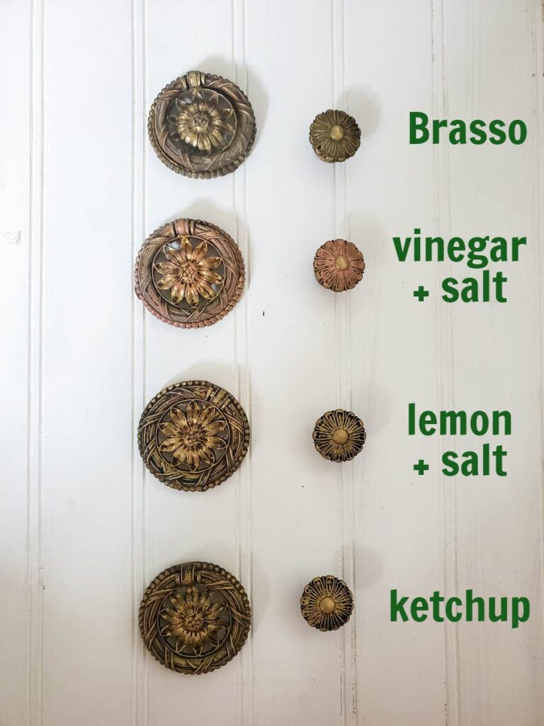 comparison of four brass cleaners including brasso, vinegar and salt, lemon and salt and ketchup
