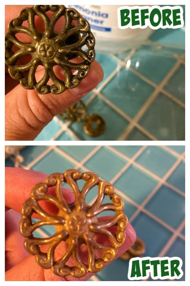 brass hardware before cleaning and after with ammonia