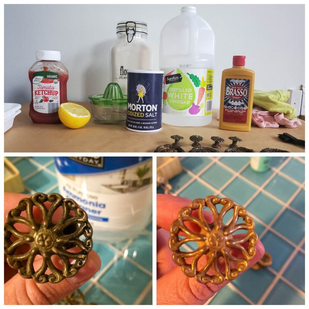 how to clean brass hardware with side by side comparison of DIY brass