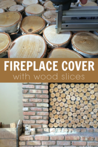 build a fireplace cover with wood slices to look like stacked logs