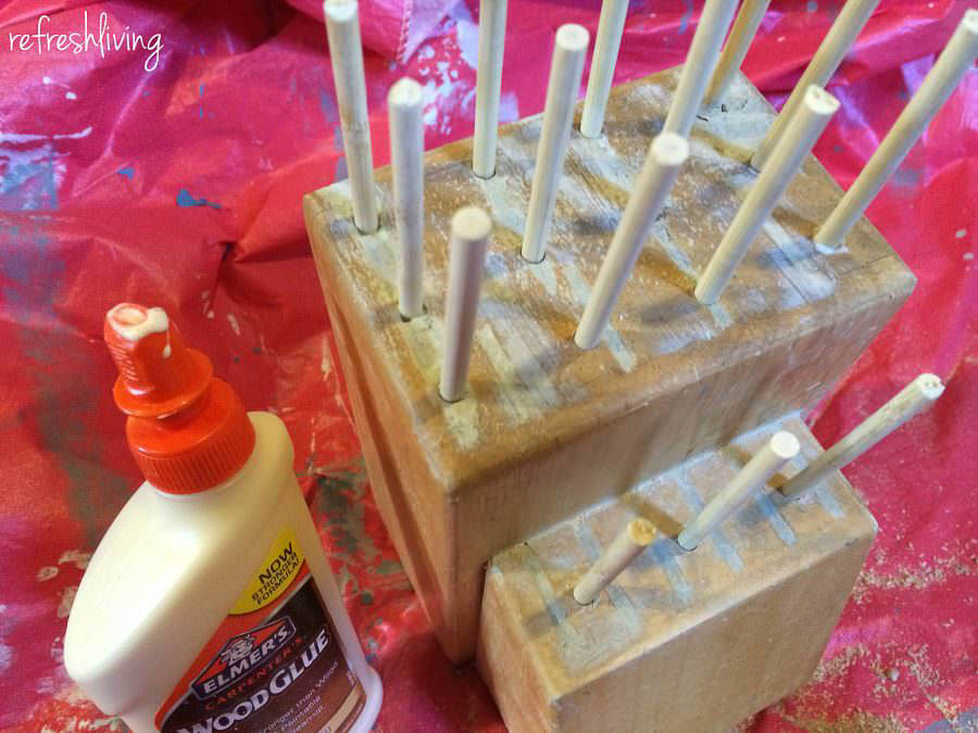 use wood dowels and wood glue to make thread organizer from old knife block