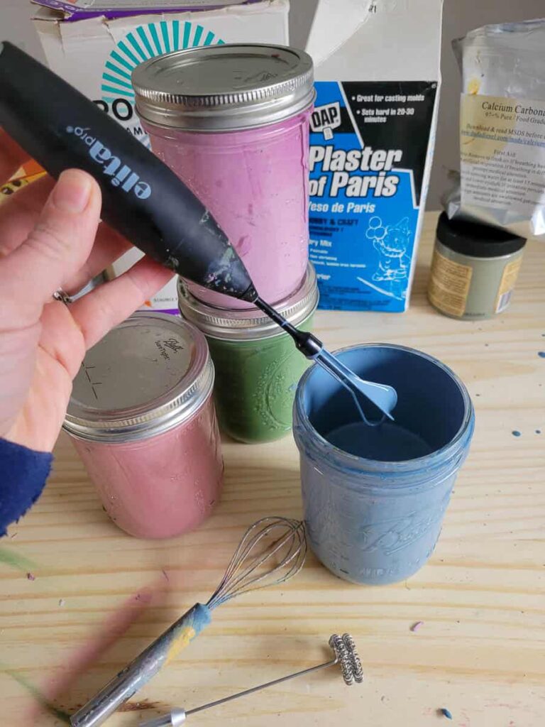 use a mini mixer to mix up homemade chalk paint with calcium carbonate, baking soda, plaster of paris or non sanded grout