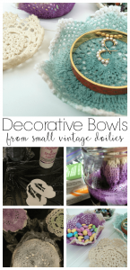 A great use for vintage doilies or lace circles. These DIY doily bowls would be perfect for holding jewelry, candy, or any little knick knacks on a nightstand, dresser, or counter.