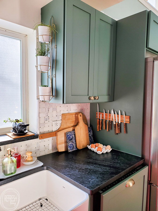 Easily make any piece of wood into a magnetic knife rack. This one was made with a vintage drafting ruler, but you could easily use barnwood or live edge wood.