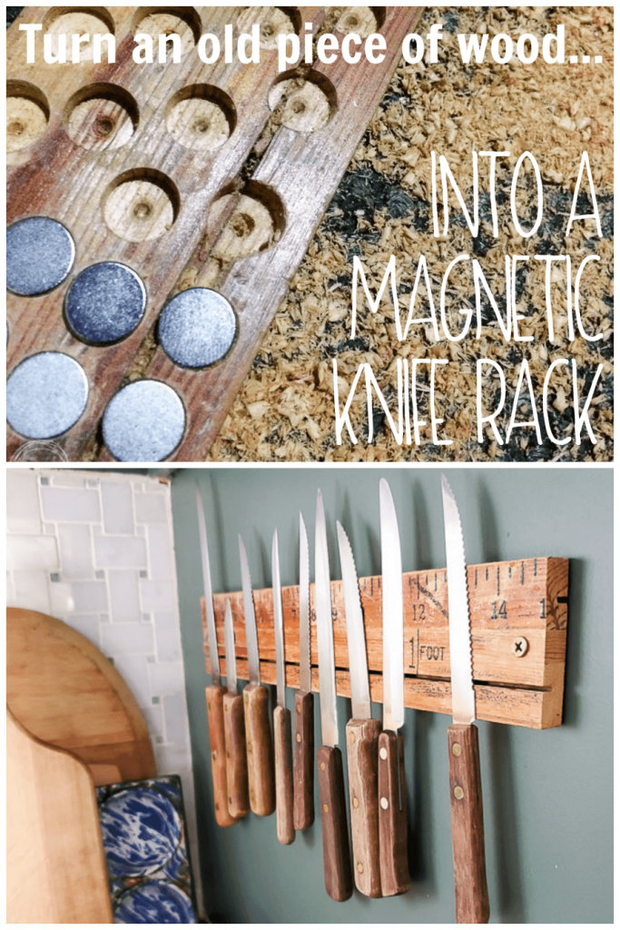 Easily make any piece of wood into a magnetic knife rack. This one was made with a vintage drafting ruler, but you could easily use barnwood or live edge wood.
