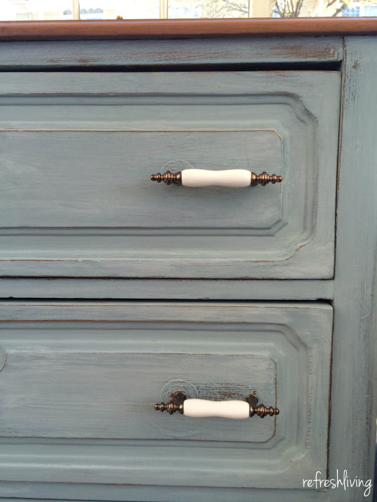 blue dresser with wood top using milk paint without bonding agent