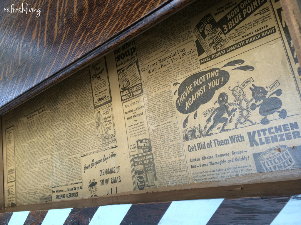 vintage newspaper to line drawer of dresser