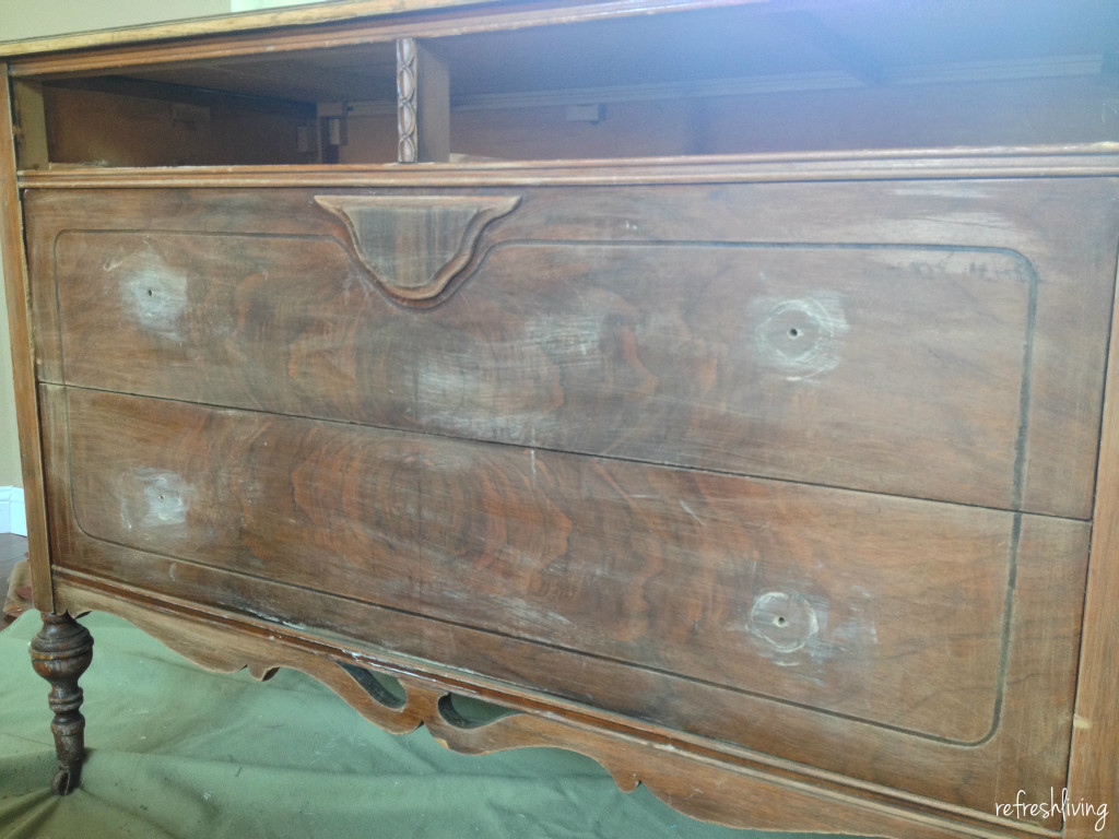 vintage wood dresser with wood filler to fill in gaps and scratches