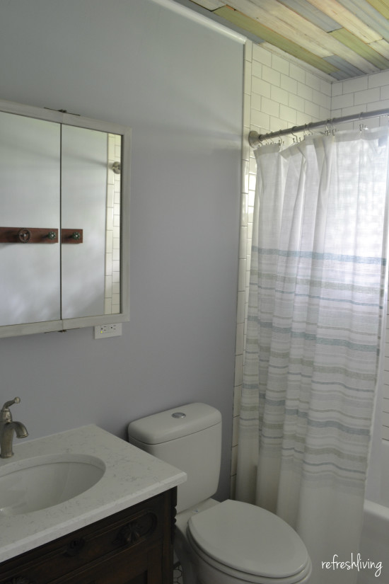 bathroom with barn wood ceiling