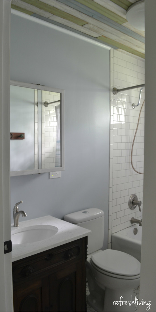bathroom remodel with beadboard ceiling dresser vanity