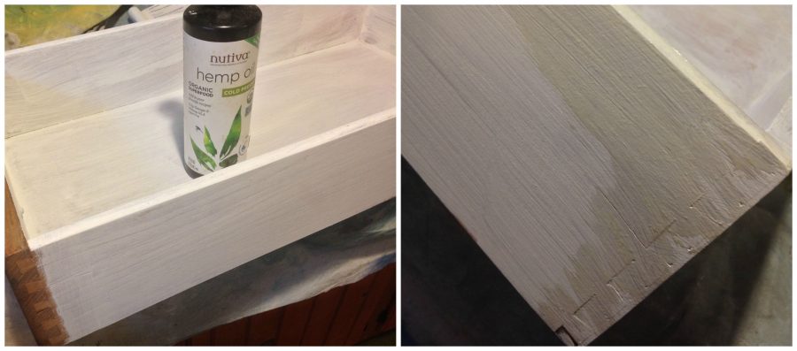 using oil to show bottom color of paint through second color of paint on furniture