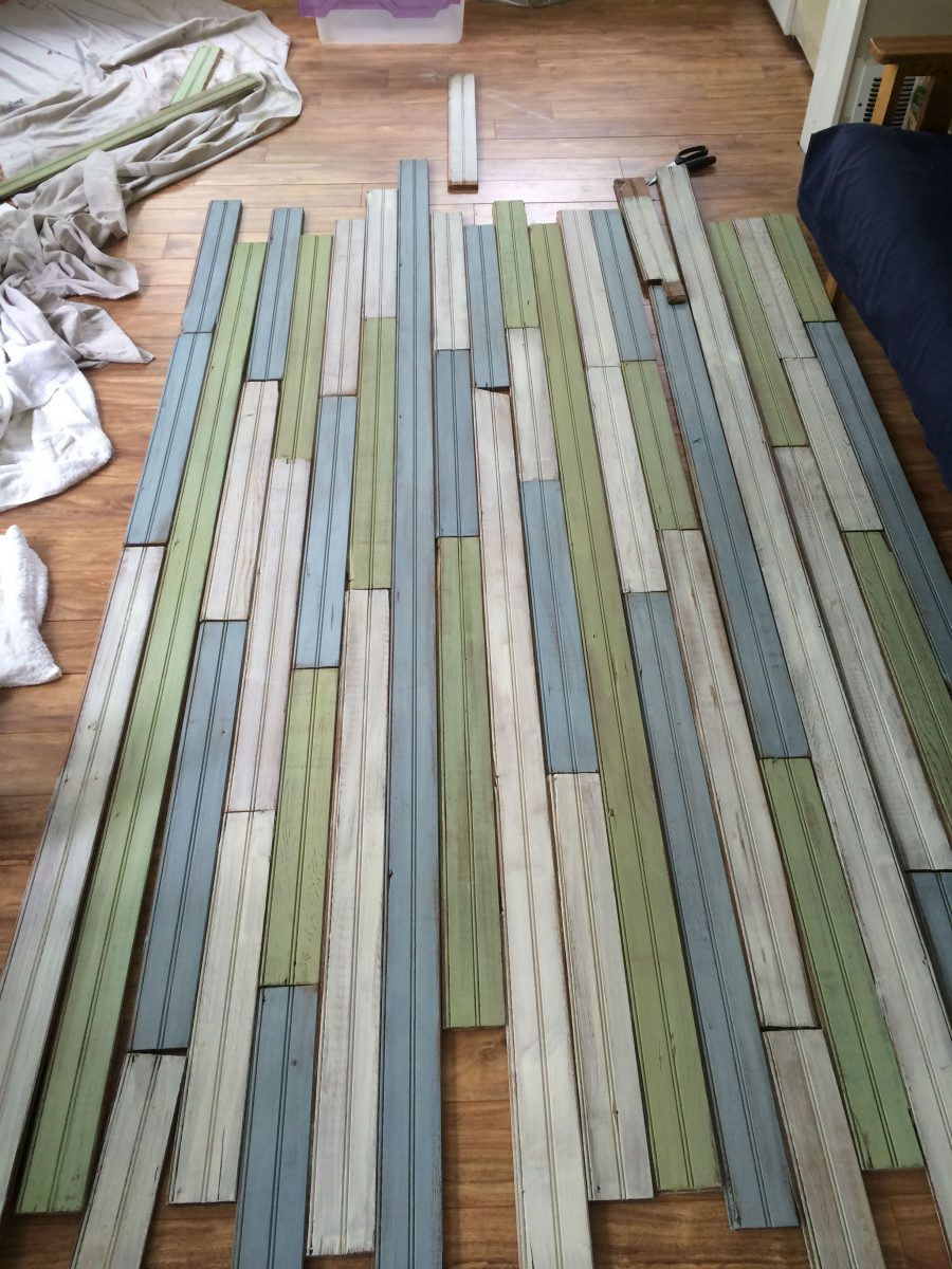 beadboard ceiling planks painted with milk paint in blue green and white