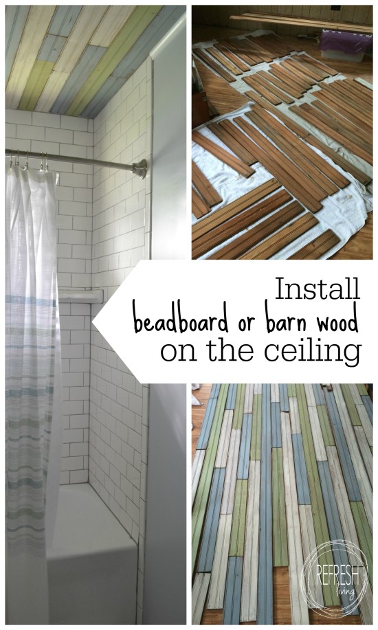 bathroom with a beadboard ceiling painted in blue, green and white