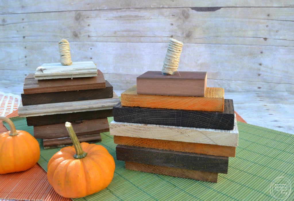 DIY wood pumpkins made using piece of leftover wood and stacked together