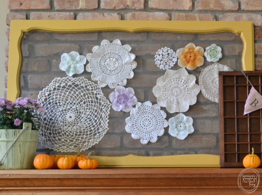 wood screen backdrop with vintage doilies for spring mantel decor or shop window backdrop