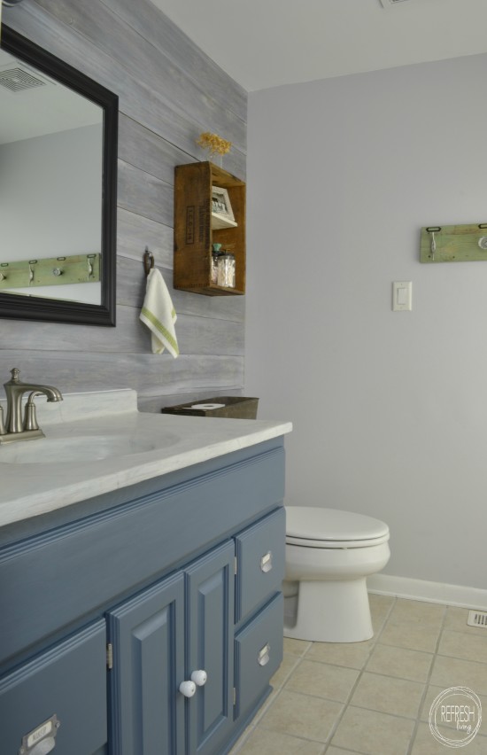 budget bathroom remodel with whitewash plank wall