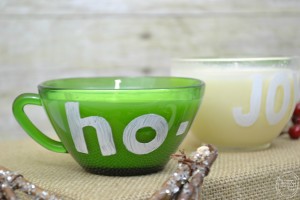 DIY Holiday Candle from Glass Punch Cups | stenciled letters with glass paint