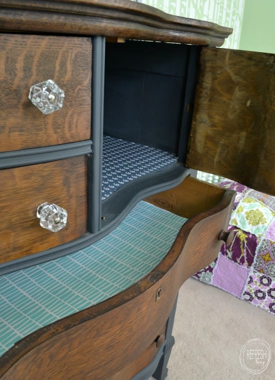 antique dresser with lined drawers