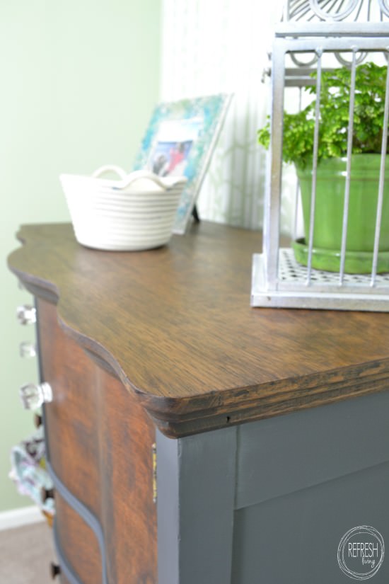 gray dresser with stained wood top general finishes java gel stain