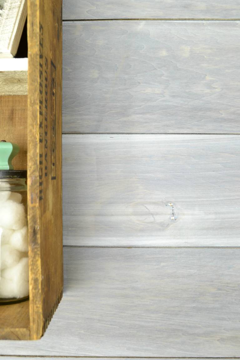 whitewash plank wall in bathroom with DIY wood accent wall tutorial