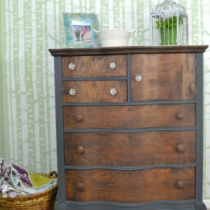 Dark gray and stained oak dresser | Antique oak dresser with serpentine drawers with a stained wood top | Two toned dresser
