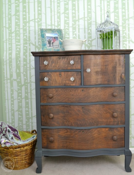 oak antique dresser with two toned grey gray paint and wood stain