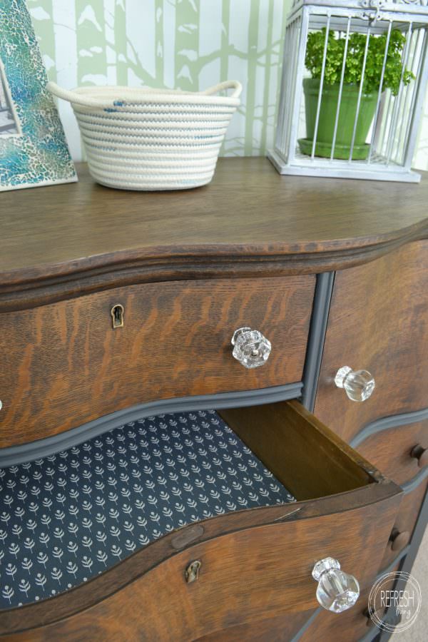 Painted And Stained Antique Dresser With Lined Drawers Paper And