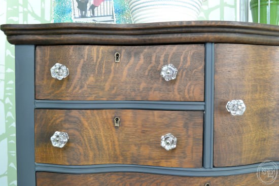 stain and paint antique two toned dresser with glass knobs