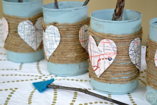 Rustic Valentine's Decor using leftover items from your home and yard | Upcycled tin can project | DIY felt arrows | valentine's centerpiece