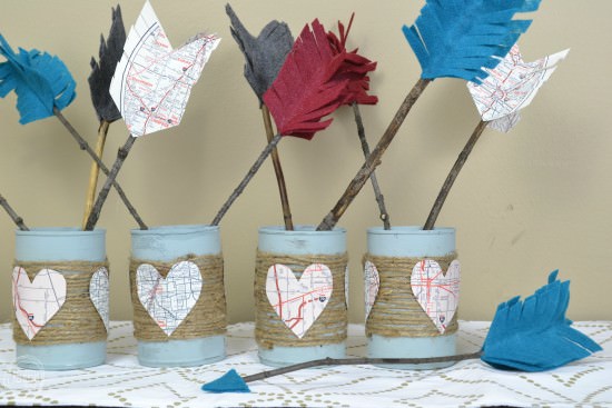 Rustic Valentine's Decor using leftover items from your home and yard | Upcycled tin can project | DIY felt arrows | valentine's centerpiece