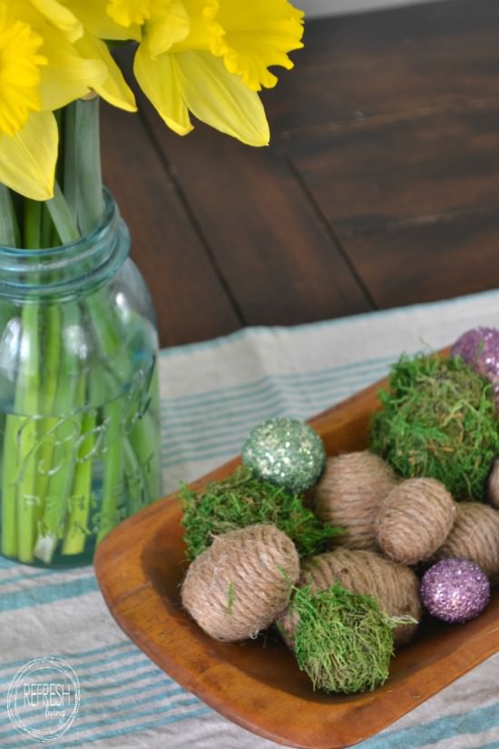 diy easter eggs with rope, moss, and glitter