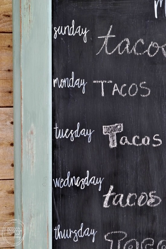 Create a chalkboard weekly menu board from an old cabinet door | Upcycled cabinet door becomes days of the week chalkboard | cheap and easy DIY menu board
