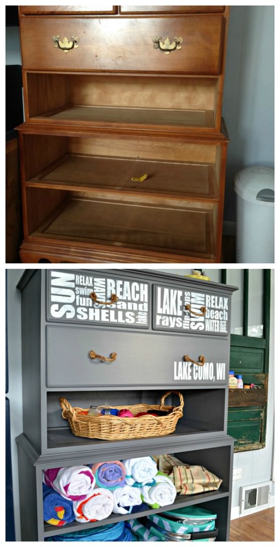 What can you do with a dresser without drawers? What a great idea to create a refinished dresser without drawers into storage for beach supplies! This would be great at a lake house or beach house.