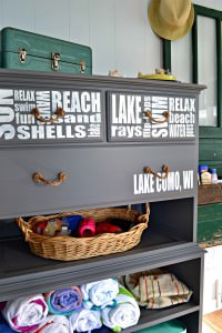 What can you do with a dresser without drawers? What a great idea to create a refinished dresser without drawers into storage for beach supplies! This would be great at a lake house or beach house. The subway lettering is a perfect way to customize it.