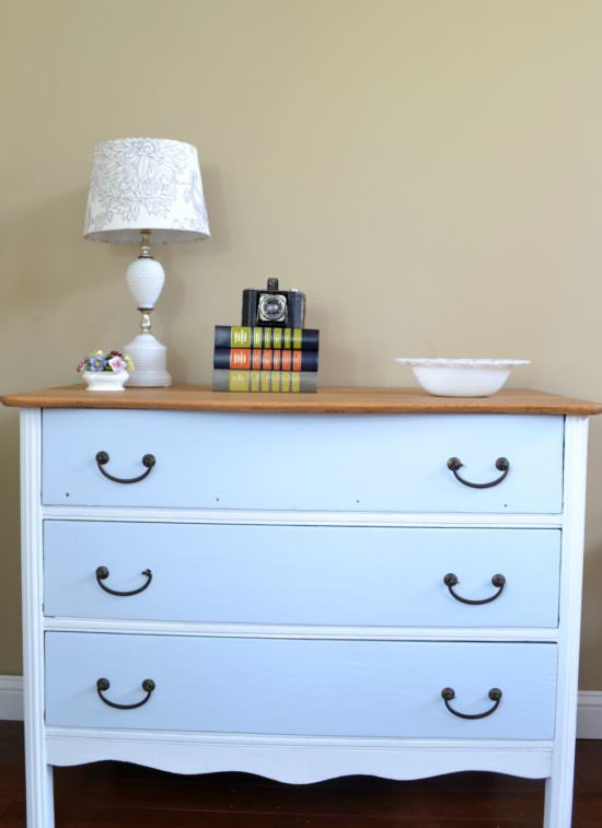 Antique dresser painted with white and turquoise with a natural wood top | two toned dresser refinish