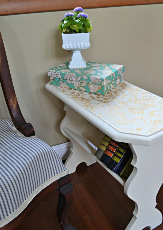 painted table with stencil in off white and gold