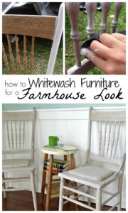 Great tips and tricks on how to whitewash old pieces of furniture to create a farmhouse look.