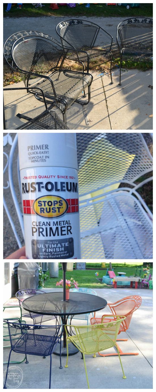 I love the multi-colored chairs! It's amazing how an old metal patio set can look new again with a coat of paint. This post also gives hints on how to cover up those rust spots!