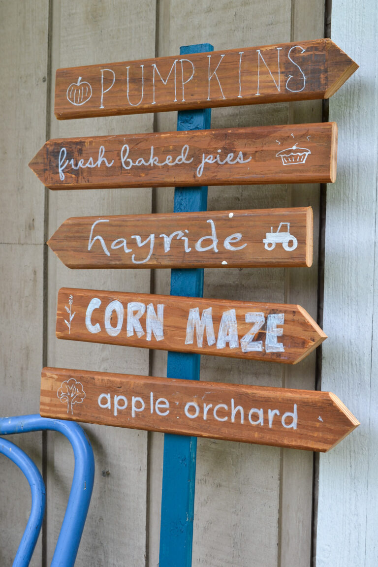 DIY fall sign made from reclaimed wood and arrows pointing to apple orchard, pumpkins, hayride and corn maze