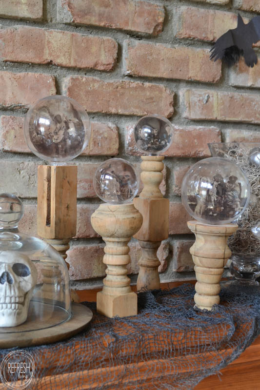 DIY Halloween crystal ball decorations using printed images and packing take to make a crystal ball