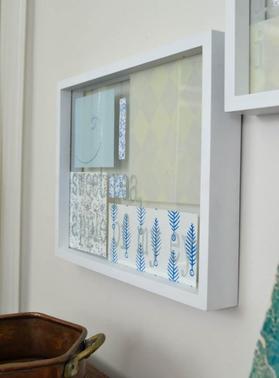 What a great way to use up that old scrapbook paper! By adding it to a floating picture frame, it acts as instant artwork. Glass etching cream can be used on the top piece of glass to custom with song lyrics or quotes.