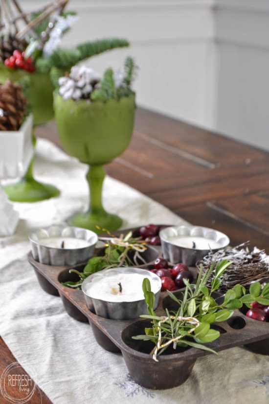 I love the combination of natural elements and vintage finds for a simple Christmas centerpiece