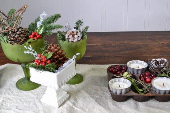 I love the combination of natural elements and vintage finds for a simple Christmas centerpiece