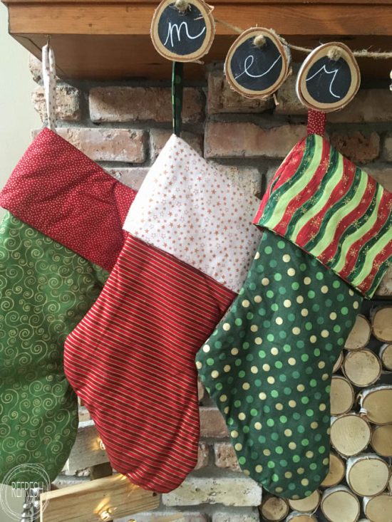 Mix and match different holiday fabric to create coordinating, yet unique, stockings for the entire family