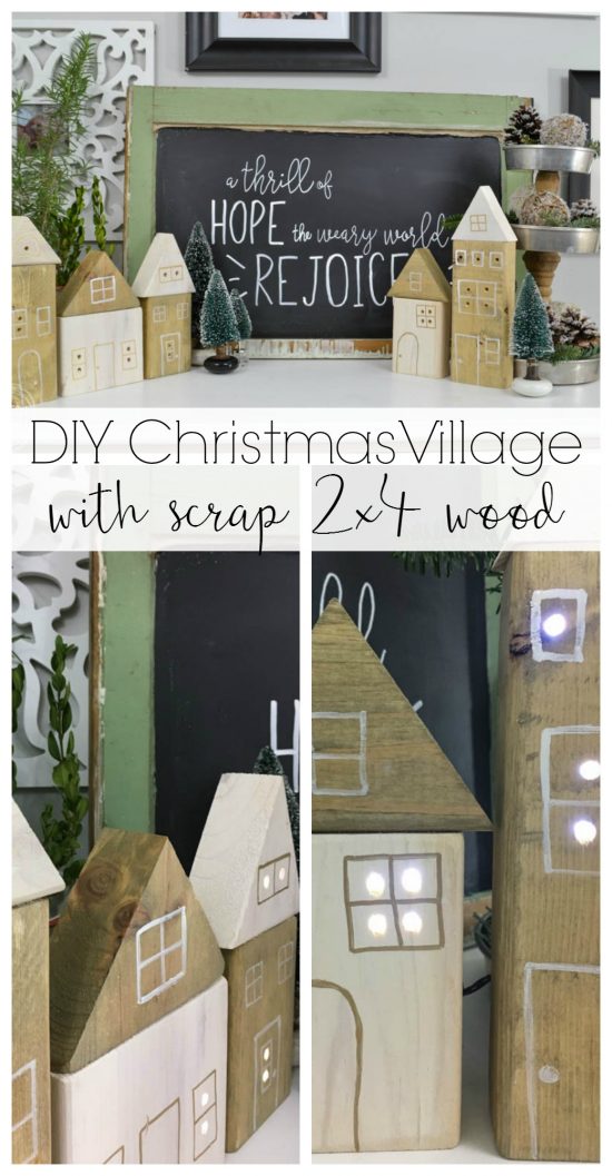 Just drill some holes in scrap wood, stick lights inside each hole, and you have a Christmas village! 