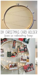 What a smart idea! Use an old embroidery hoop to create a DIY Christmas card holder, complete with copper wire LED lights.